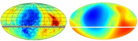 Cosmic ray intensities (left) compared to forecasts (right) from NASA's IBEX spacecraft. The similarity between these observations and forecasts supports the area galactic magnetic area direction determined from IBEX observations created from particles at vastly lower energies versus cosmic ray findings shown right here. The blue location signifies elements of lower fluxes of cosmic rays. The gray and white lines split areas of various energies—lower energies above the lines, high energies below.