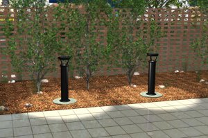 Two model R-9810 solar power bollards are shown in a computer-created graphic that shows the aesthetic and practical price they bring to walkways.